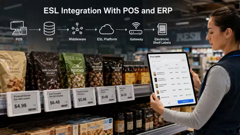 Elektroninių lentynų etikečių integravimas su POS ir ERP: API, duomenų atvaizdavimas, klaidų tvar...